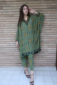 100% Crepe Silk Green and Blue Kaftan Set Dress V- Neck Long Women Dress MG1070 - Picture 1 of 11