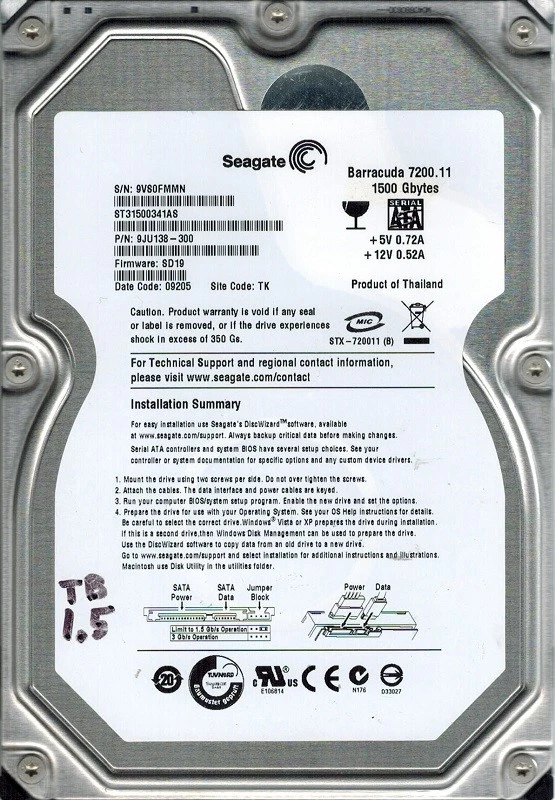 Seagate ST31500341AS P/N: 9JU138-300 F/W: SD19 1.5TB TK - Image 1 of 1