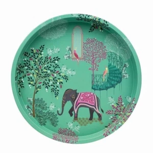 Sara Miller India Serving Tray Elephant Print Deepwell Round Shape Metal 30cm - Picture 1 of 1