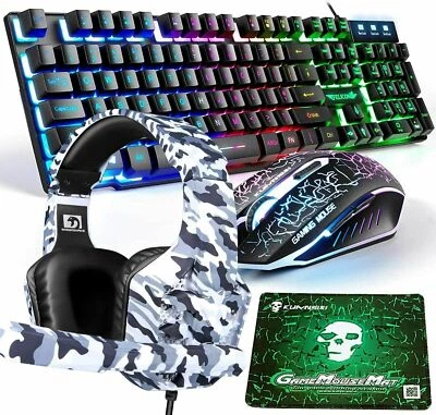 Wired Gaming Keyboard Mouse and Headset Combo Rainbow LED Backlit For PC PS4 MAC - Image 1 of 4