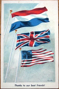 1940s Color Litho WWII Postcard: Dutch, English & American Flags - Picture 1 of 1