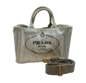 PRADA Canapa Tote Bag Denim White Canvas Logo Handbag with Strap from Japan - Picture 1 of 14