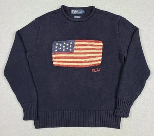 VTG Polo Ralph Lauren American Flag Knit Sweater Mens Navy Blue Cotton Linen L - Picture 1 of 9