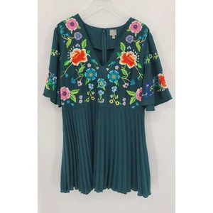Mini Vestido Plisado Bordado Verde Talla 16 Mujer Floral Boho Cottagecore ASOS - Imagen 1 de 10