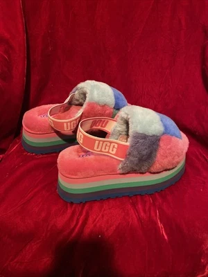 UGG PRIDE DISCO CHECKER STRIPES BLUE PINK FLUFF SLIDE SANDALS SIZE 6 - Image 1 of 3
