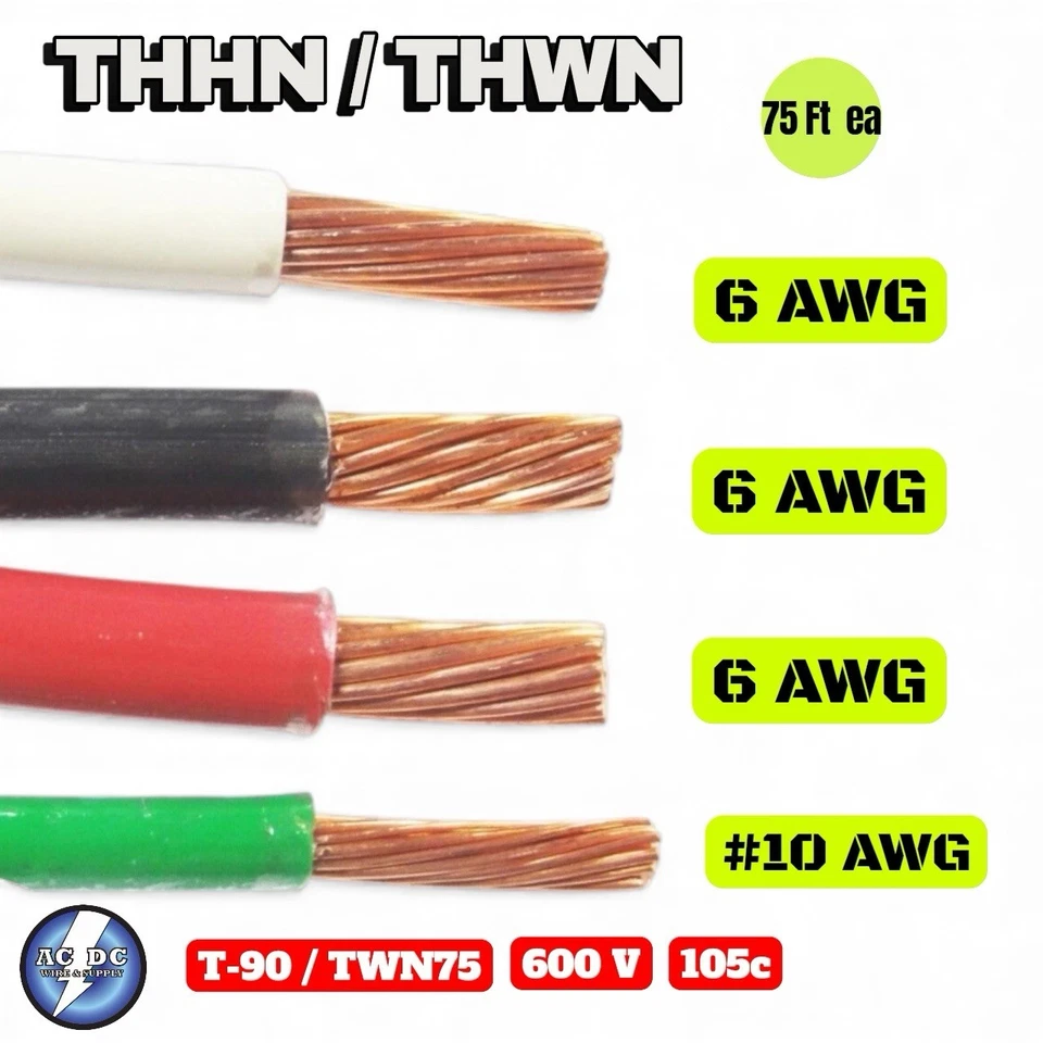75' EA THHN THWN CALIBRE 6 AWG NEGRO BLANCO ROJO ALAMBRE DE COBRE + 75' 10 AWG VERDE Foto 1 de 1