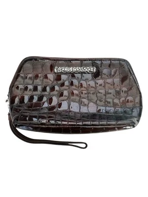 CARTERA BRIGHTON CREMALLERA ALREDEDOR Marrón PATENTE CUERO COCODRILO Bolso sin asas Correa de muñeca plateada Foto 1 de 4