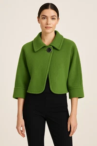 LAL Green Cropped Boiled Wool Jacket Womens L Large 3/4 Sleeve Oversized Button - Picture 1 of 10