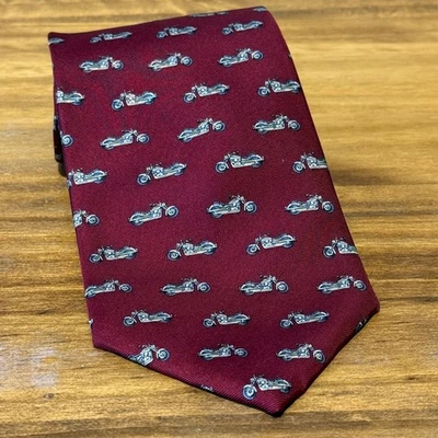 STRUCTURE Mens Burgundy Silk Motorcycle Print Neck Tie Made in USA - Image 1 of 4