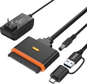 SATA to USB Adapter with Power Supply and C Converter, USB+USB C, Black - Photo 1/8