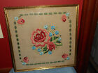 1920's Embroidered Asian Lotus Flower Crewel Wall Hanging 16" x 16" Wood Frame