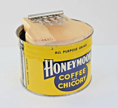 KALIMBA/MBIRA thumb Piano Hillbilly Folk Art VTG Yellow Honeymoon Coffee Can - Image 1 of 4