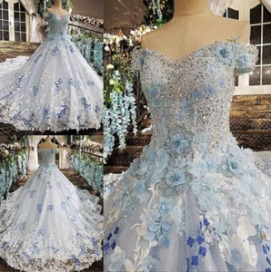 Luxus Blau Perlen Brautkleider mit Hof Schleppe Braut 3D Blumen Ballkleider - Bild 1 von 10