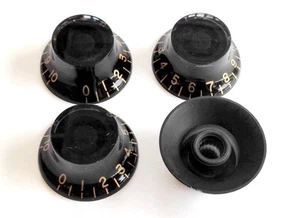 BLACK Volume Tone Control Bell Hat Knob GOLD Letter 4 USA Gibson Guitar CTS Pot - Imagen 1 de 4