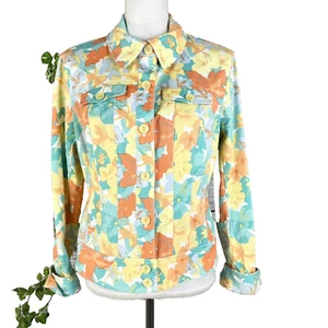 Nicole Miller Denim Jean Jacket size 12 Orange Yellow Floral Pockets Stretch - Picture 1 of 11