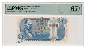 KROATIEN Banknote 10 Banica 1990 rot CR Serie PMG Grade MS 67 Superb Gem Unc - Bild 1 von 7