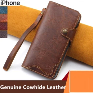 Funda tipo billetera de cuero de vaca genuino real para iPhone 7 8+11 12 13 14 15 16e - Imagen 1 de 47