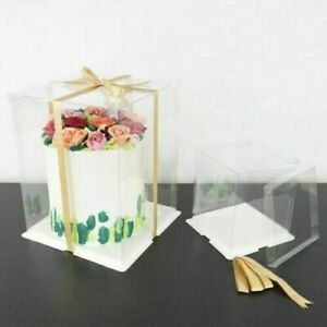 Clear Crystal Cake Box Tall PME Various Sizes with Gold Ribbon Decoration