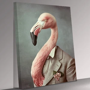 Pink Flamingo as Human in Clothes Canvas Wall Art Picture Print Ready To Hang - Picture 1 of 7