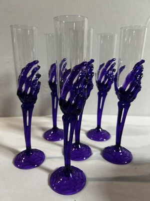 Halloween Party Glasses SET Of 6 Purple Skeleton Hand ~Acrylic Plastic Flutes - Изображение 1 из 4