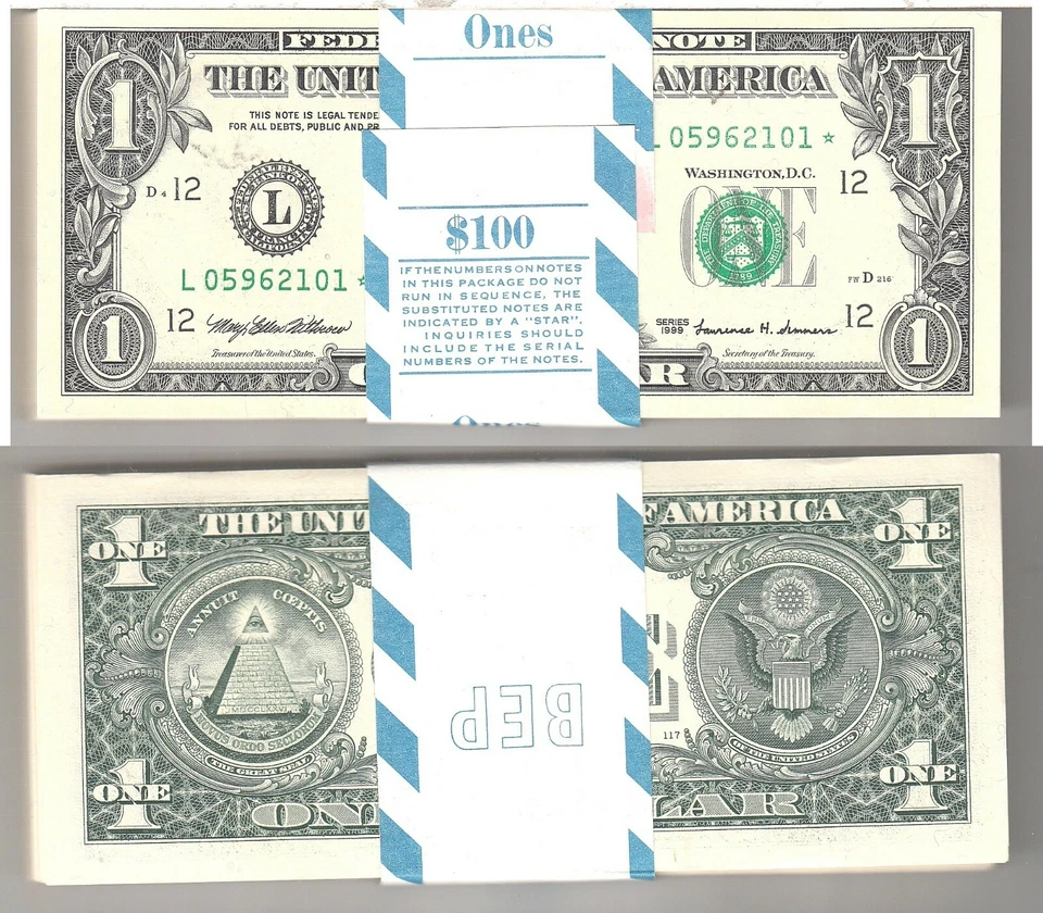 1999 $1 San Francisco District Stars Original BEP Wrap $100 Face FRNs Fr 1925-L* - Image 1 of 1