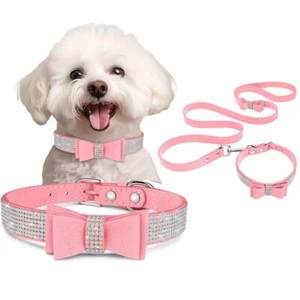2PCS Bling Rhinestone Dog Collar w/120cm Leash set Cute Dog Tie Collar+Rope - Picture 1 of 16