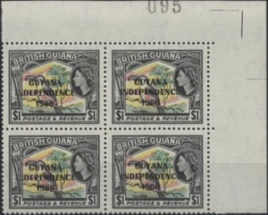 Guyana 1966 Independence Overprint Toucan $1, corner block of 4, mint MNH - Picture 1 of 2