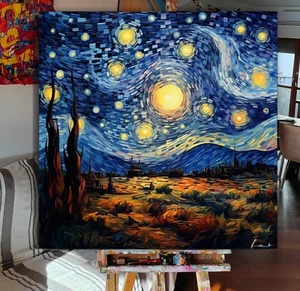 QUADRO MODERNO omaggio a Van gogh notte stellata DIPINTO ABSTRACT PAINTING - Foto 1 di 3