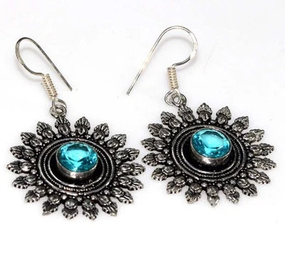Pendientes de topacio azul enchapados en plata 925 hechos a mano con piedras preciosas tamaño 1,8" JW Foto 1 de 3