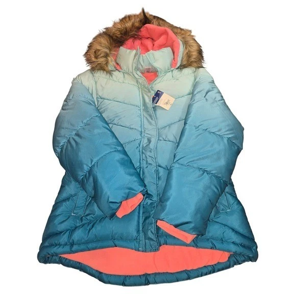 Arizona Jean Co. SZ XL Plus Girls Puffer Jacket Coat Mint Teal Faux Fur Hood - Image 1 of 4