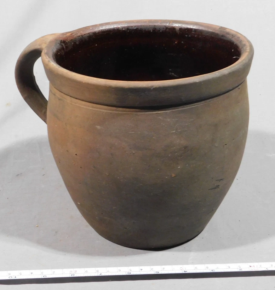 Antique redware storage crock bean pot glazed 18th 19th c PA thunder cup mug - Image 1 of 4