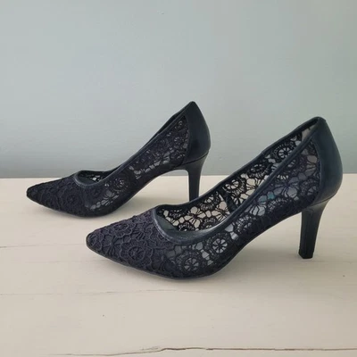 Andrew Geller Women's Black Pump Stiletto Floral Lace Heels Size 6M - Image 1 of 4
