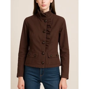 Anthropologie ELEVENSES Jacket Womens Brown Ruffle Zipper Button Lined SZ 8 - Picture 1 of 6