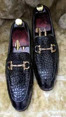 Sapatos mocassim masculinos feitos à mão textura de crocodilo preto, sapatos sociais de couro - Imagem 1 de 4
