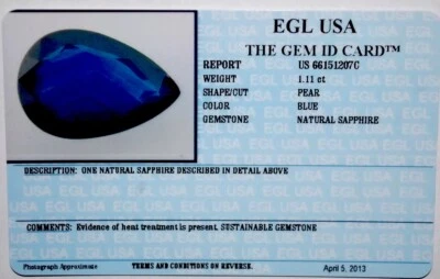 EGL USA TESTED & CERTIFIED GENUINE PEAR BLUE SAPPHIRE 1.11 CT WITH GEM ID CARD - Image 1 of 4