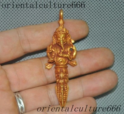 Tibet bronze 24k gold Gilt 4 arms Elephant Jambhala Vajra Phurpa Amulet Pendant - Image 1 of 4