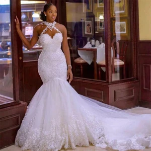 Halter Neck Plus Size Mermaid Wedding Dresses Beaded Appliques Tulle Bridal Gown - Picture 1 of 7