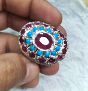 Natural Ruby Stone with Real Turquoise Multi Stone Ring Heavy Sterling Frame 925 - Picture 1 of 8