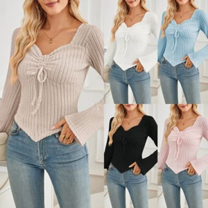 Womens Ribbed Long Sleeve T Shirt Tops Ladies Casual Slim Fit Blouse Crop Tops - Picture 1 of 27