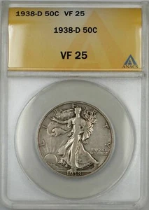 1938-D Walking Liberty Half Dollar Coin 50C ANACS VF 25 - Picture 1 of 2