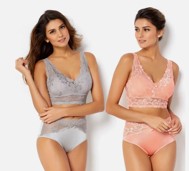 Paquete de 2 sujetadores Rhonda Shear 539606 almohadillas extraíbles de encaje, gris/naranja, talla XL Foto 1 de 1