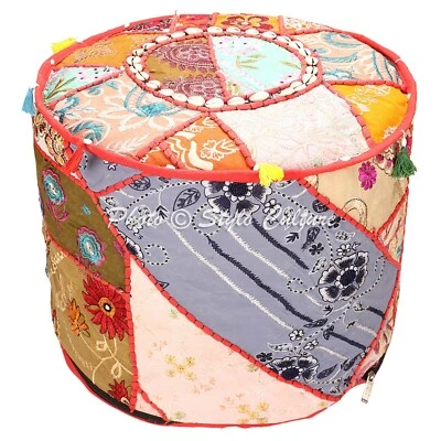 Bohemian Ottoman Pouffe Cover Cotton Patchwork Cowrie Tassels Round 18 Inch - Image 1 of 3