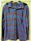 Men?s Guess? Pearl Snap Plad Shirt W/Removable Hood Hoodie L Large Flannel Blue