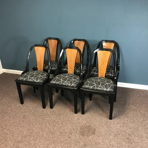 Authentic Circa 1930 Set of Six Art Deco Ebonized Dining Chairs Cover