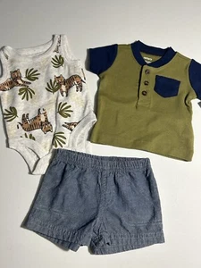 Carters Baby Boy 3 Piece Tiger /green Shirt Blue Chambray Shorts Size NB NWT - Picture 1 of 3