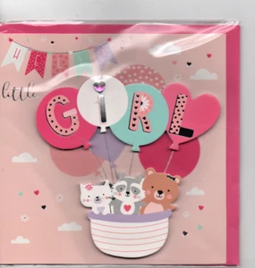 carte felicitations Naissance Hello little Girl relief ballons animaux15 x 15 cm - Imagen 1 de 2