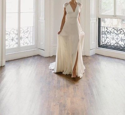 Alexandra Grecco Arlington Wedding Gown 10 Satin Chiffon Off White Lace Sleeves - Image 1 of 4