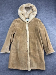 Dennis Basso Mantel Damen groß hellbraun Kapuze Wildleder Leder Kunstfell gefüttert lang - Bild 1 von 8