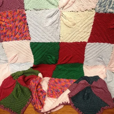 Vintage Shabby Patchwork Flowers Squares Knitted Blanket Throw - Image 1 of 4