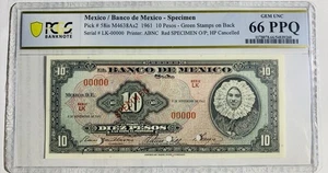 MEXICO. 1000 Peso. 1961 SPECIMEN, Pick-58is PCGS 66PPQ BANKNOTE - Picture 1 of 2
